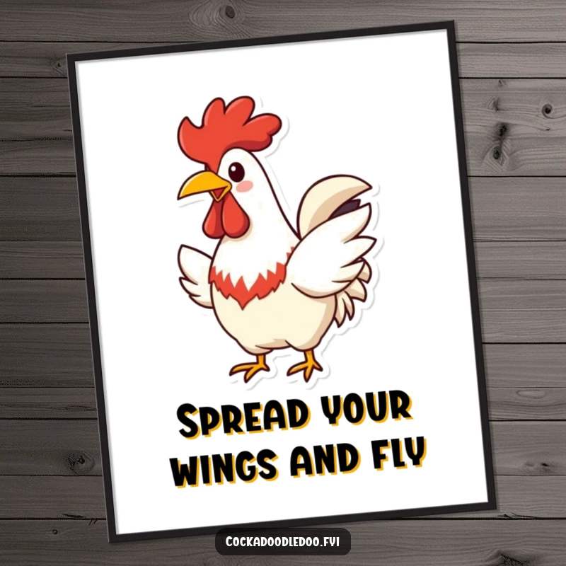 Funny Free Printable Wall Art: Rooster character with a wide, cheerful beak, flapping its wings with delight.
