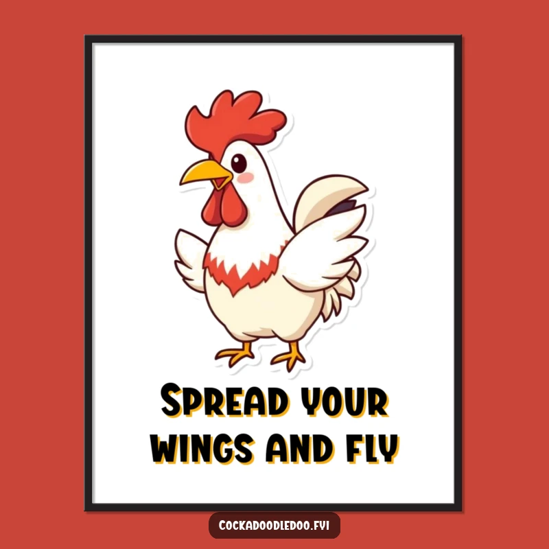 Free Printable Wall Art: Funny Cheerful Rooster Flapping Wings, Humorous Downloadable Decor
