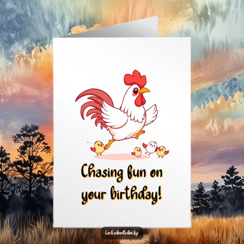 Funny Free Printable Birthday Card: Playful rooster happily chasing smaller cartoon birds, full of energy.