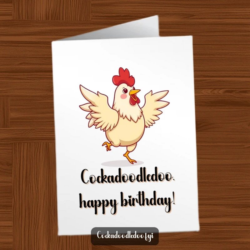 Funny Free Printable Birthday Card: A joyful rooster dancing a lively jig with wings spread, perfect for a fun gift.