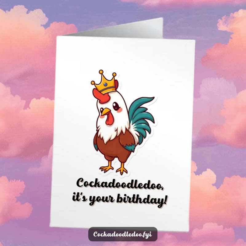 Funny Free Printable Birthday Card: A rooster dons a crown, crowing with regal pride. Hilarious downloadable royal greeting.