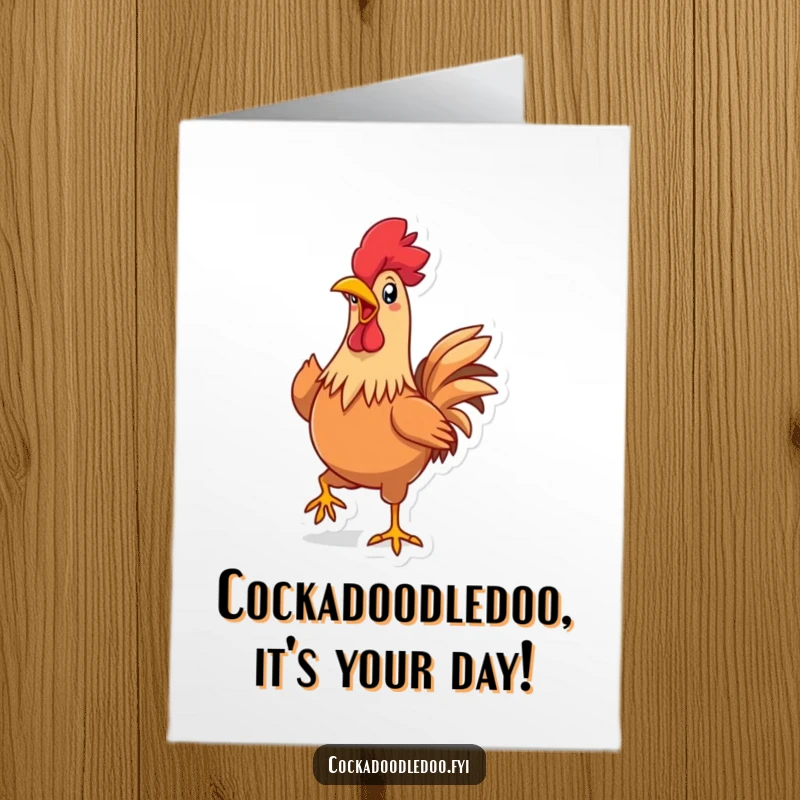 Funny Free Printable Birthday Card: Kawaii rooster proudly struts, beak wide with joy, perfect for a downloadable greeting.