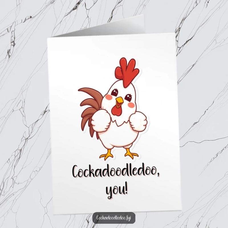 Funny Free Printable Birthday Card: Proud rooster puffs chest, crows with a wide smile on a bright morning.