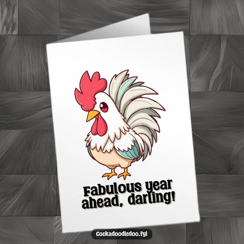 Funny Free Printable Birthday Card: A rooster looking glamorous with a feathered boa, amused and ready to celebrate a birthday. Diva downloadable art.