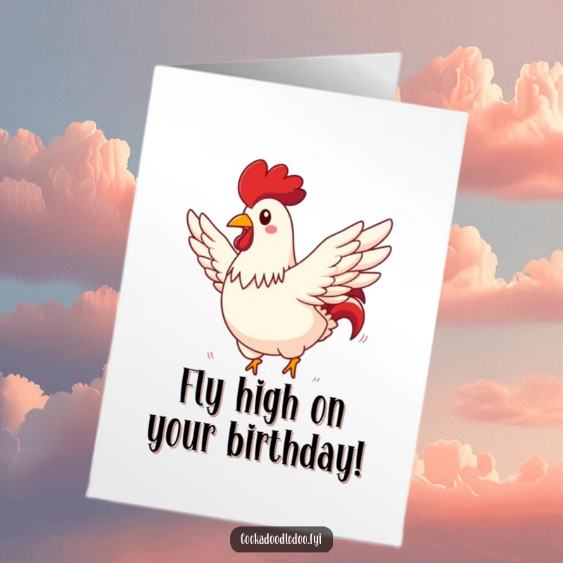 Funny Free Printable Birthday Card: A rooster with wings spread wide, soaring comically through a sunny sky on their birthday!