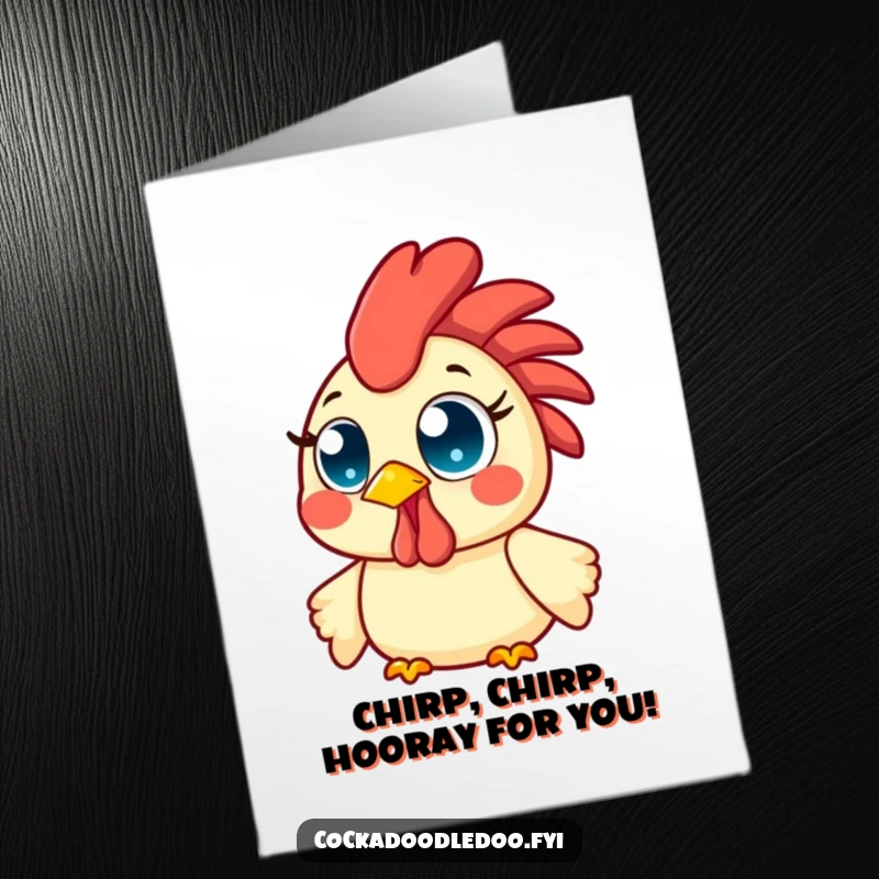 Funny Free Printable Birthday Card: Kawaii rooster with bright wide eyes, beaming with cheerful morning energy and a happy smile.
