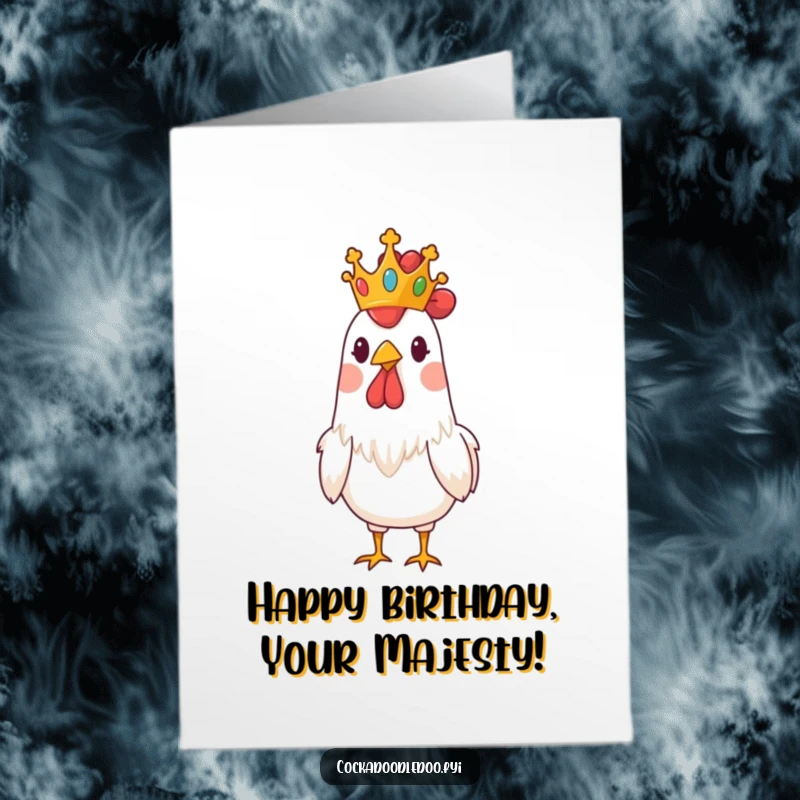 Funny Free Printable Birthday Card: A rooster wearing a small, golden crown tilted comically, looking surprisingly regal and amused.