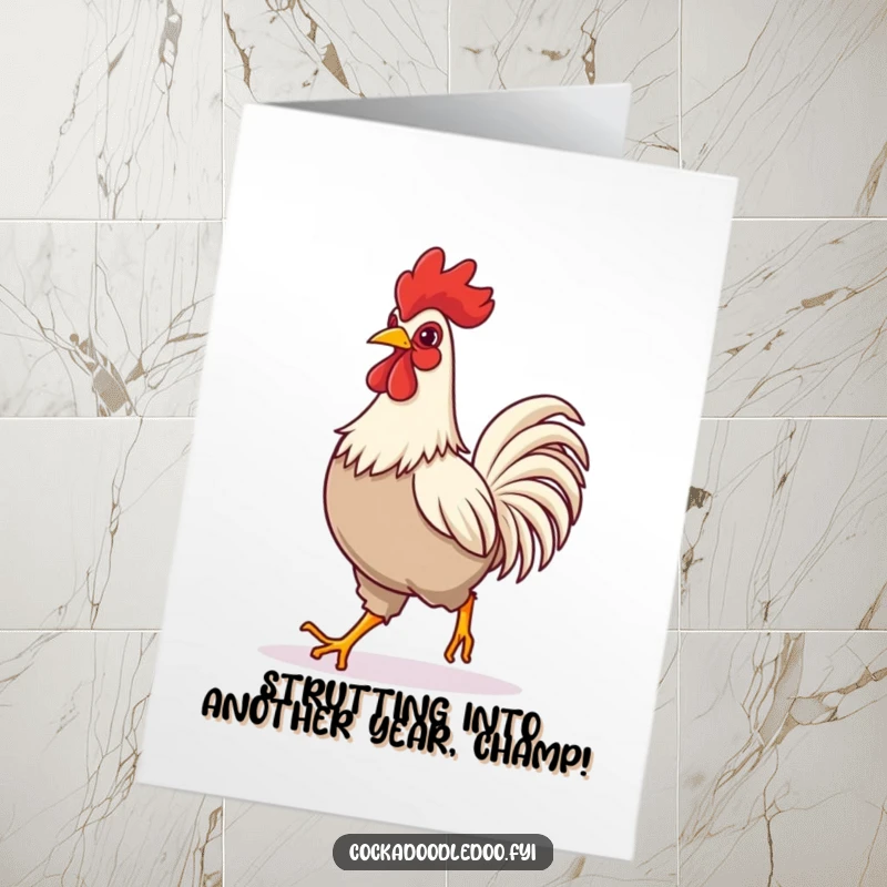 Funny Free Printable Birthday Card: Confident rooster strutting forward with a joyful expression, ready to celebrate. A humorous downloadable design.