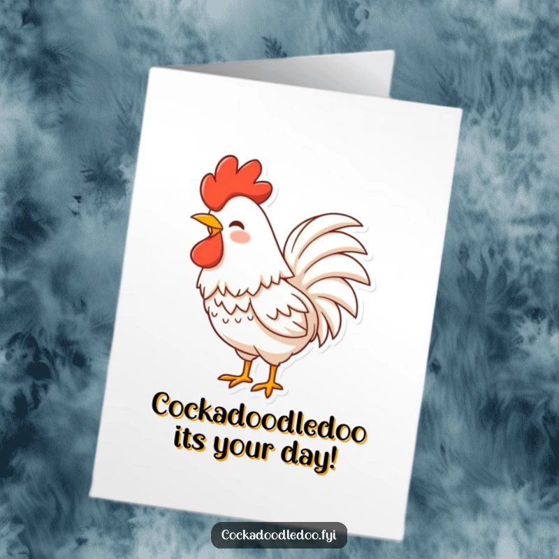 Funny free printable birthday card of a rooster character with fluffy tail feathers, shaking with uncontrollable laughter.