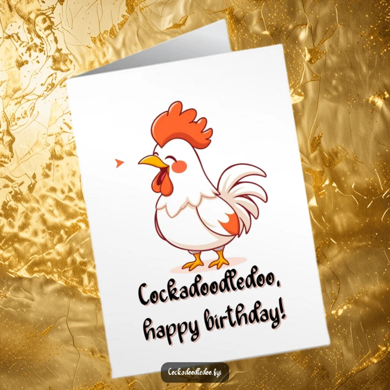 Funny Free Printable Birthday Card: A cartoon rooster with a golden comb loudly belting out a song, announcing birthday cheer.