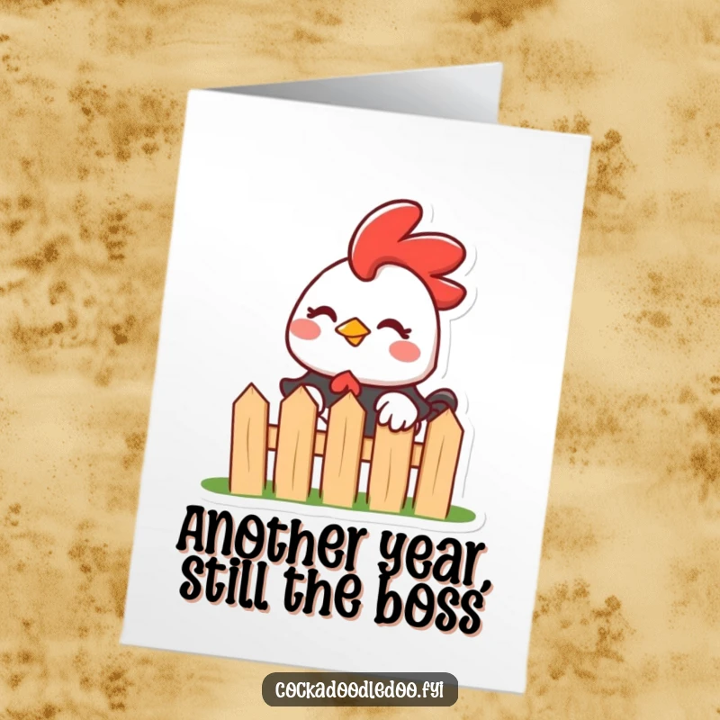 Funny Free Printable Birthday Card: Mischievous Kawaii rooster peeking over a tiny fence with a playful wink.