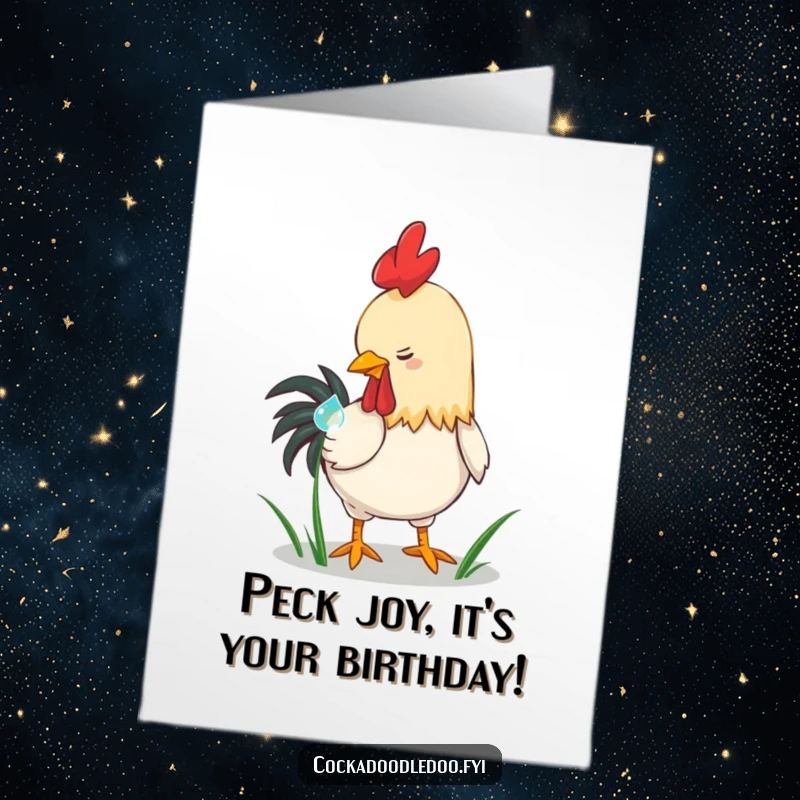 Funny Free Printable Birthday Card: A playful rooster pecking a dewdrop, delightful downloadable for a humorous gift.
