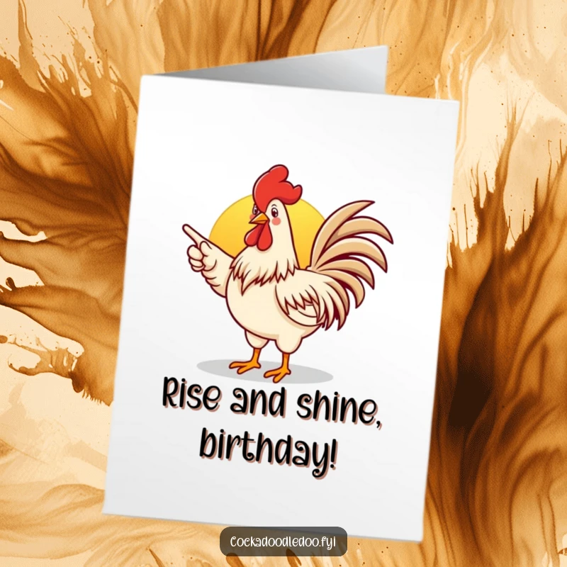 Funny Free Printable Birthday Card featuring an energetic rooster enthusiastically pointing towards a vibrant sunrise, heralding a great day.