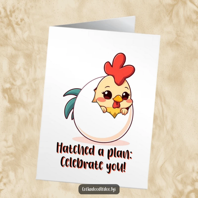 Funny Free Printable Birthday Card: Shy Rooster Lovingly Peeking from Behind a Comical Oversized Egg