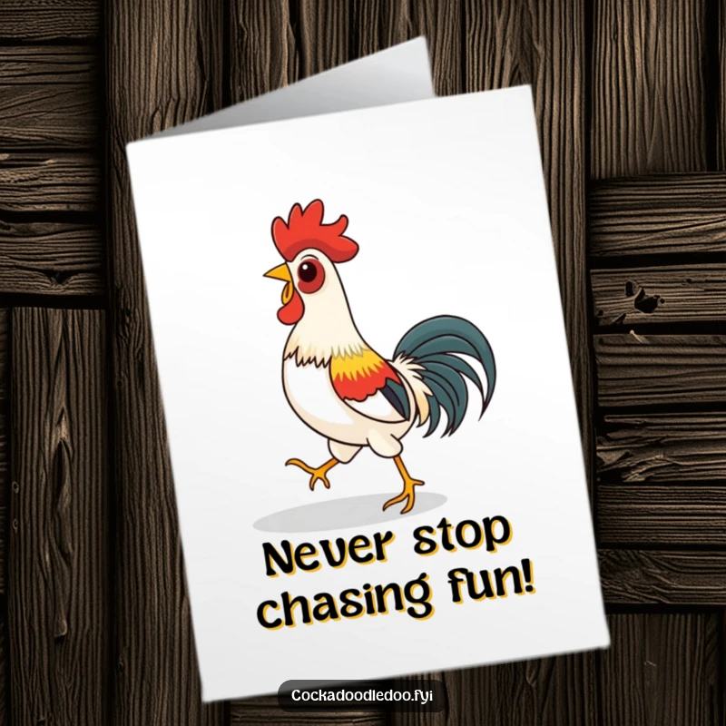 Funny Free Printable Birthday Card: A rooster playfully chasing its own shadow with a joyful, energetic expression. Humorous downloadable art.