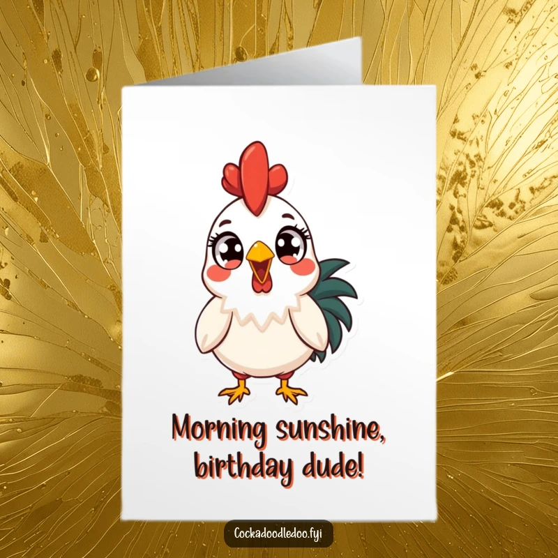 Funny Free Printable Birthday Card: A rooster with wide eyes, shocked by the sunrise, perfect for a humorous DIY gift.