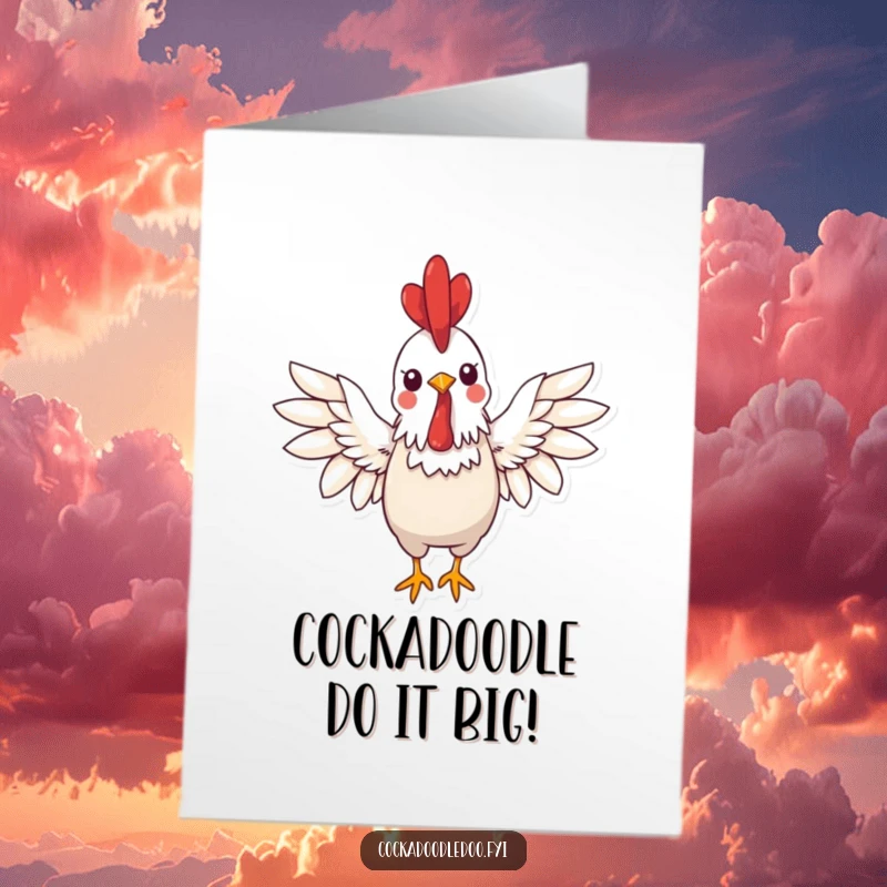 Free Printable Birthday Card: A cute kawaii rooster spreads its wings wide in a big, cheerful, welcoming gesture. Happy greetings!