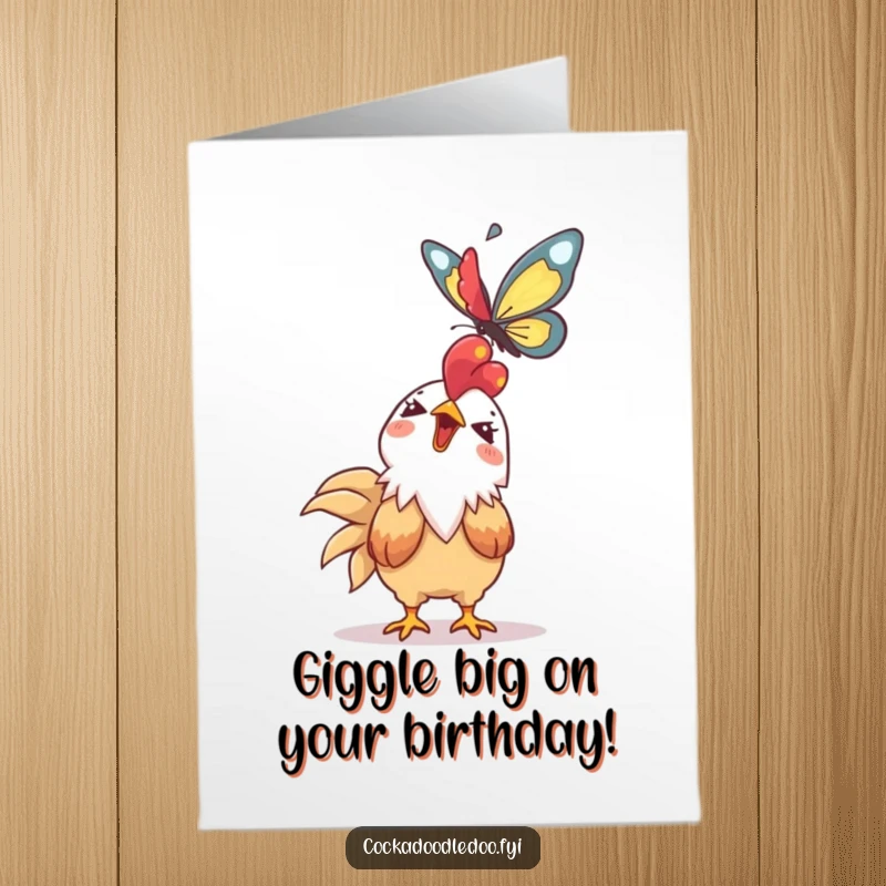 Funny Free Printable Birthday Card: Giggling Kawaii rooster looking up in delight at a soaring butterfly.