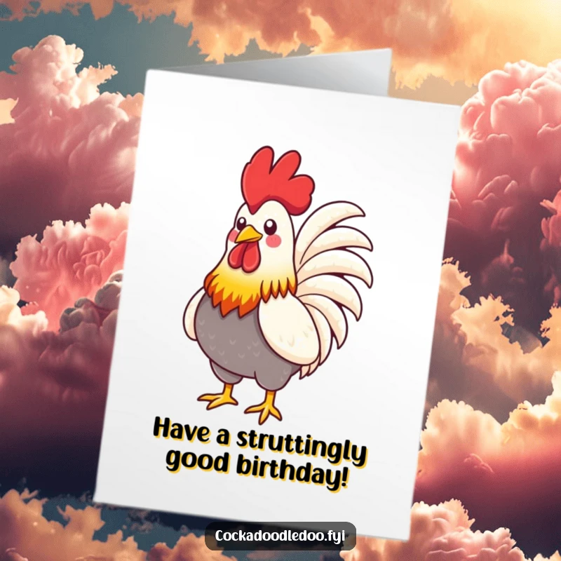Funny Free Printable Birthday Card: A stylized rooster with vibrant feathers proudly puffing its chest, celebrating a birthday with flair.
