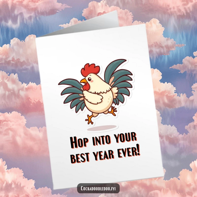 Funny Free Printable Rooster Birthday Card: A rooster hops with joy, tail feathers fanned, celebrating a special birthday with gusto.