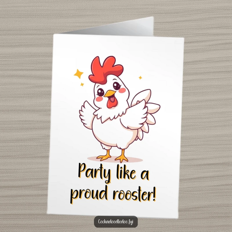 Funny Free Printable Rooster Birthday Card: A rooster with a huge grin and sparkling eyes doing a happy celebratory flutter.