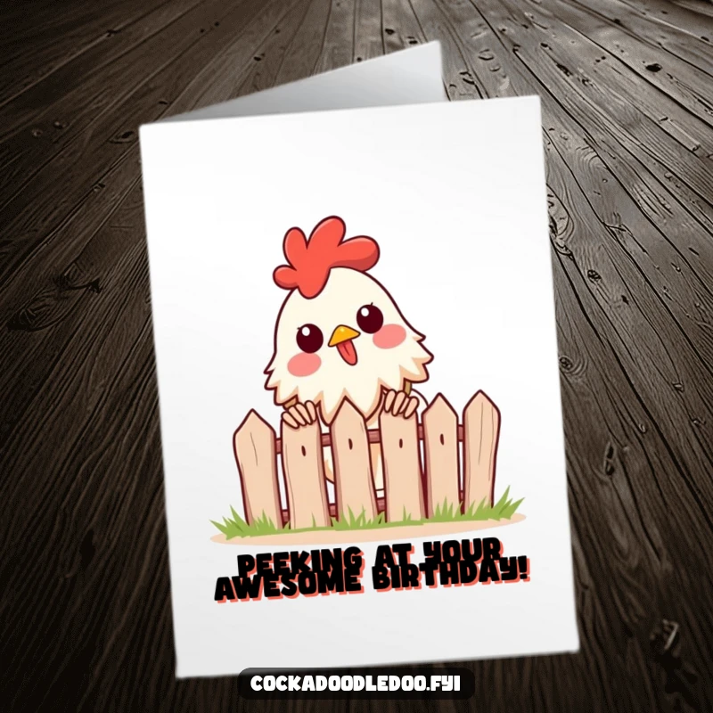 Funny Free Printable Birthday Card: A rooster excitedly peeks over a tiny fence. Curious, downloadable birthday greeting.
