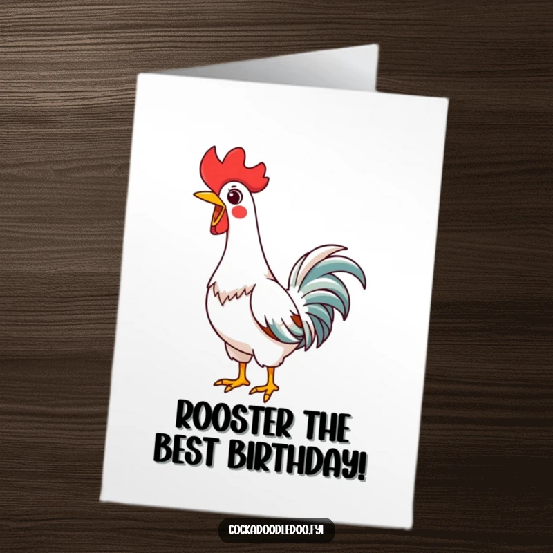 Funny Free Printable Birthday Card: Kawaii rooster stretching neck high, crowing joyfully, full of birthday cheer.