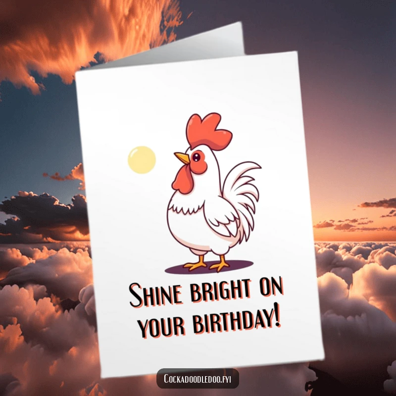 Funny Free Printable Birthday Card: A rooster valiantly crowing at a tiny crescent moon, eyes fixed with resolute determination.
