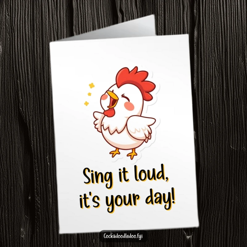 Funny Free Printable Birthday Card: Joyful rooster character singing loudly with eyes closed, celebrating a birthday.