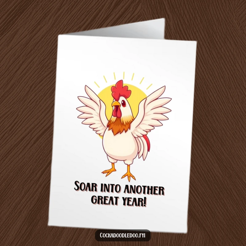 Funny Free Printable Birthday Card: Rooster character stretching wings wide, enjoying sunlight, conveying peace and warmth.