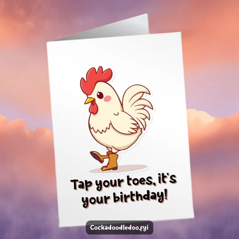 Funny Free Printable Birthday Card: Kawaii rooster in tiny boots taps its foot rhythmically, ready to party, downloadable greeting.