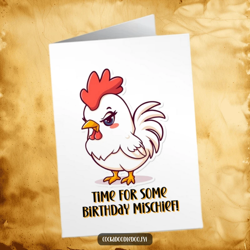 Free Printable Birthday Card: A kawaii rooster with a sly, mischievous glint in its eye, planning something fun. Cheeky wishes.
