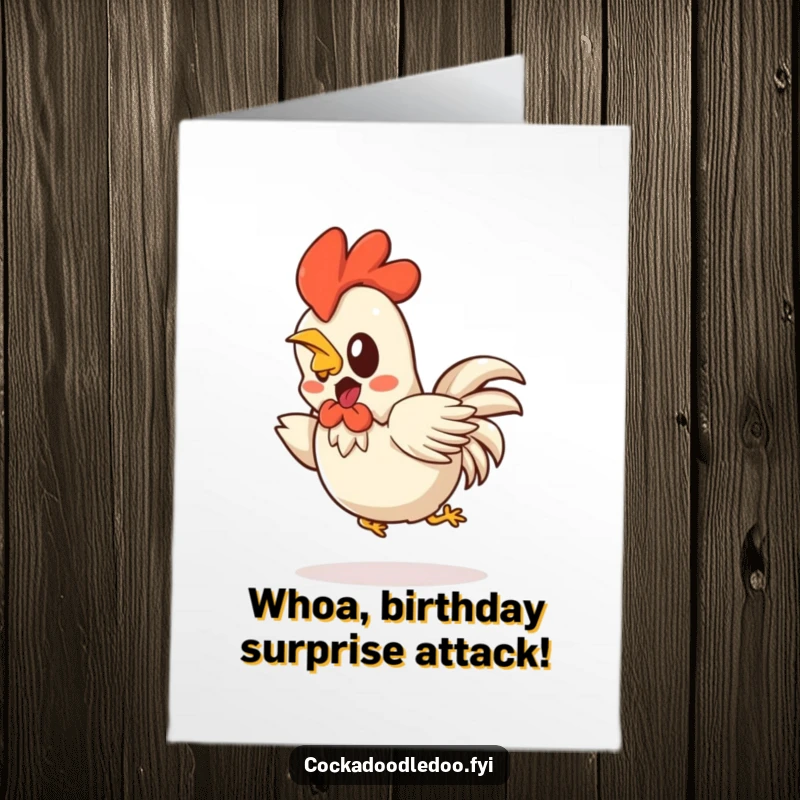 Funny Free Printable Birthday Card: Startled Kawaii rooster doing a comical hop backwards with wide eyes.