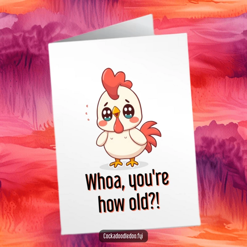 Funny Free Printable Birthday Card: Surprised Kawaii rooster with eyes wide open, reacting to a loud, unexpected birthday sound.