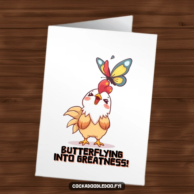 Funny Free Printable Congratulations Card: Giggling Kawaii rooster joyfully watching a butterfly soar.