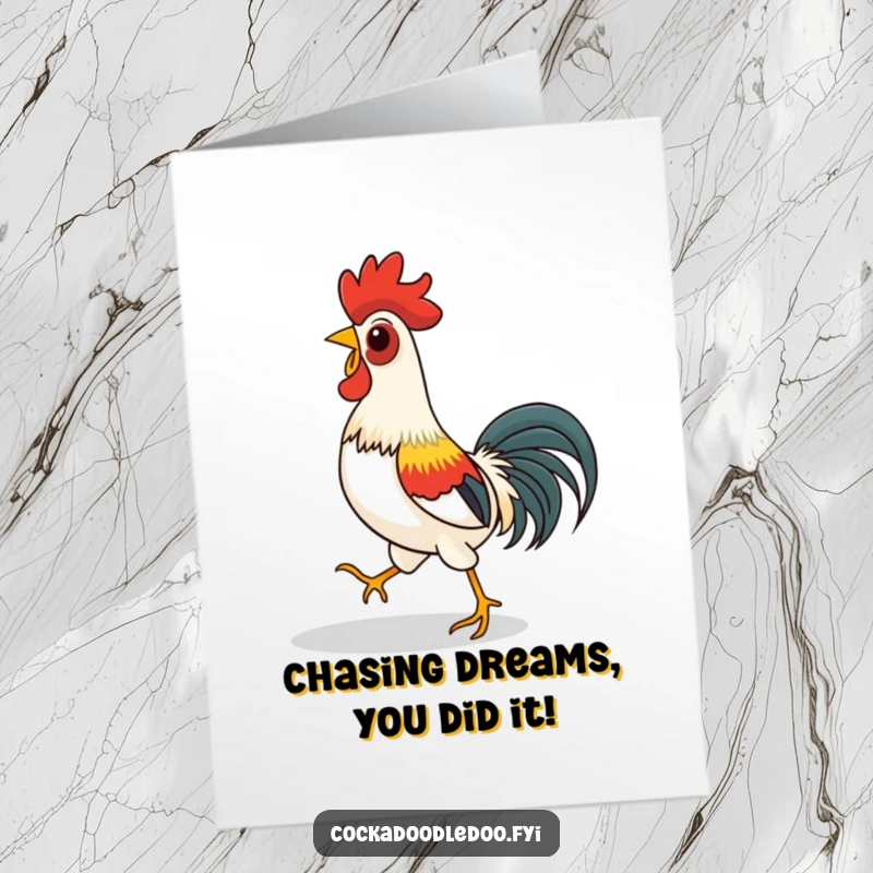 Funny Free Printable Congratulations Card: A rooster amusingly chasing its shadow, representing playful pursuit and joyful celebration. Downloadable art.
