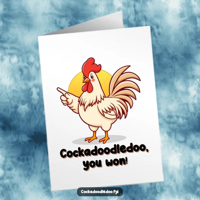 Funny Free Printable Congrats Card showing a rooster enthusiastically pointing towards the sunrise, celebrating new beginnings.