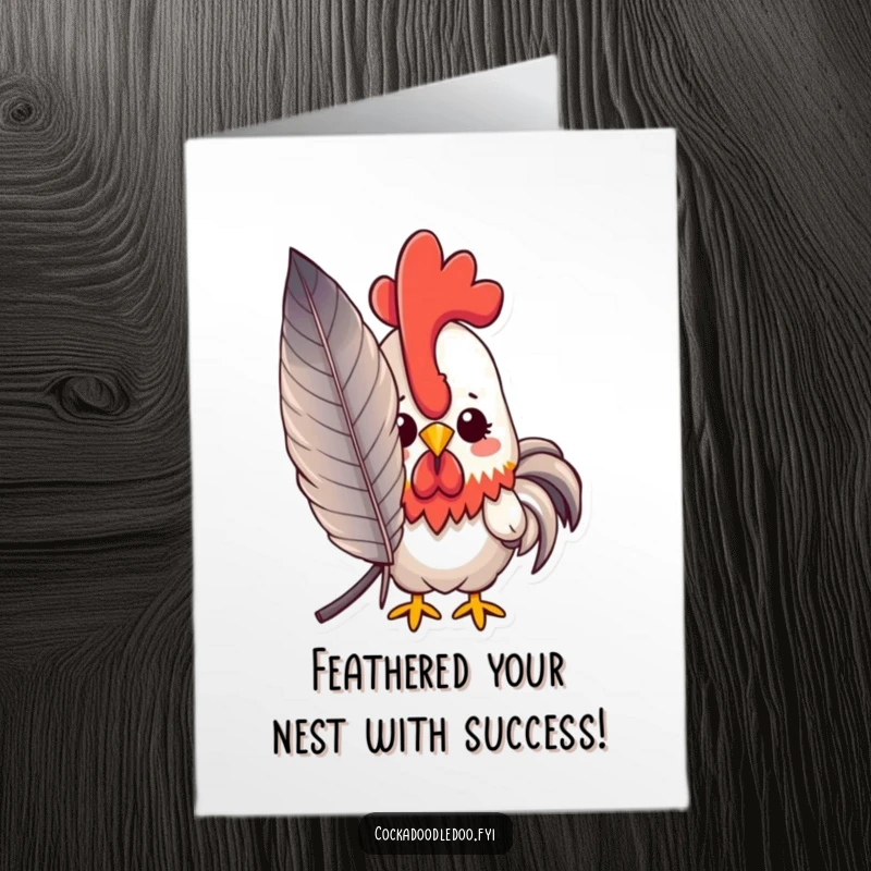 Free Printable Congratulations Card: A cute kawaii rooster shyly peeks out from behind a large, fluffy feather. A gentle congrats.