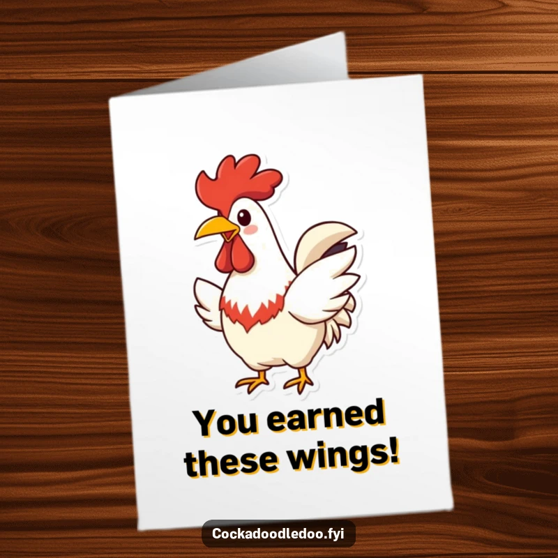 Funny Free Printable Congratulations Card: Rooster with wide, cheerful beak, energetically flapping its wings in celebration.