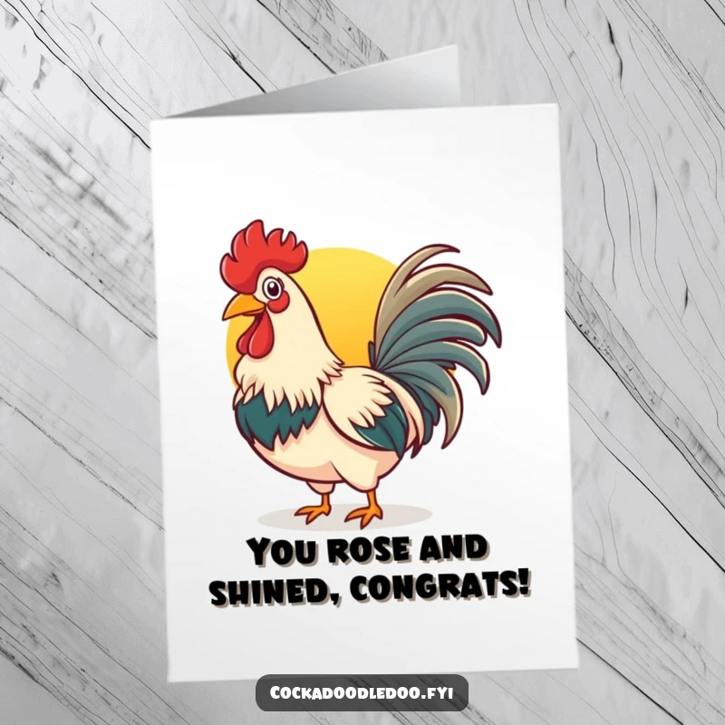 Funny Free Printable Congratulations Card: Cheerful Rooster with Wide Beak Crowing Loudly at the Sunrise