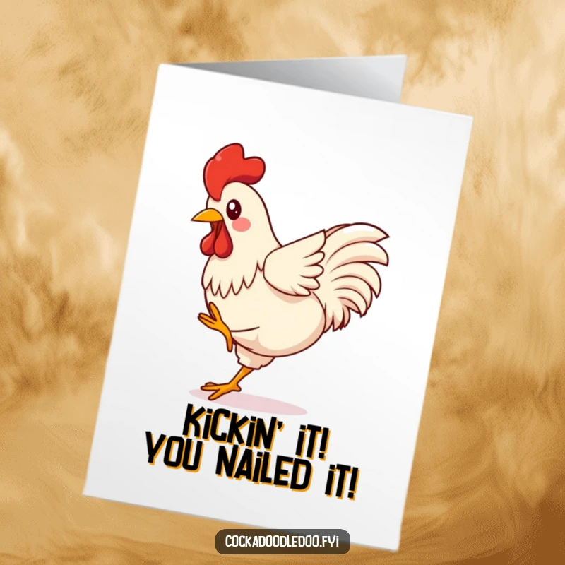 Funny Free Printable Congrats Card: Kawaii rooster energetically kicking legs, celebrating a big win with happy abandon.