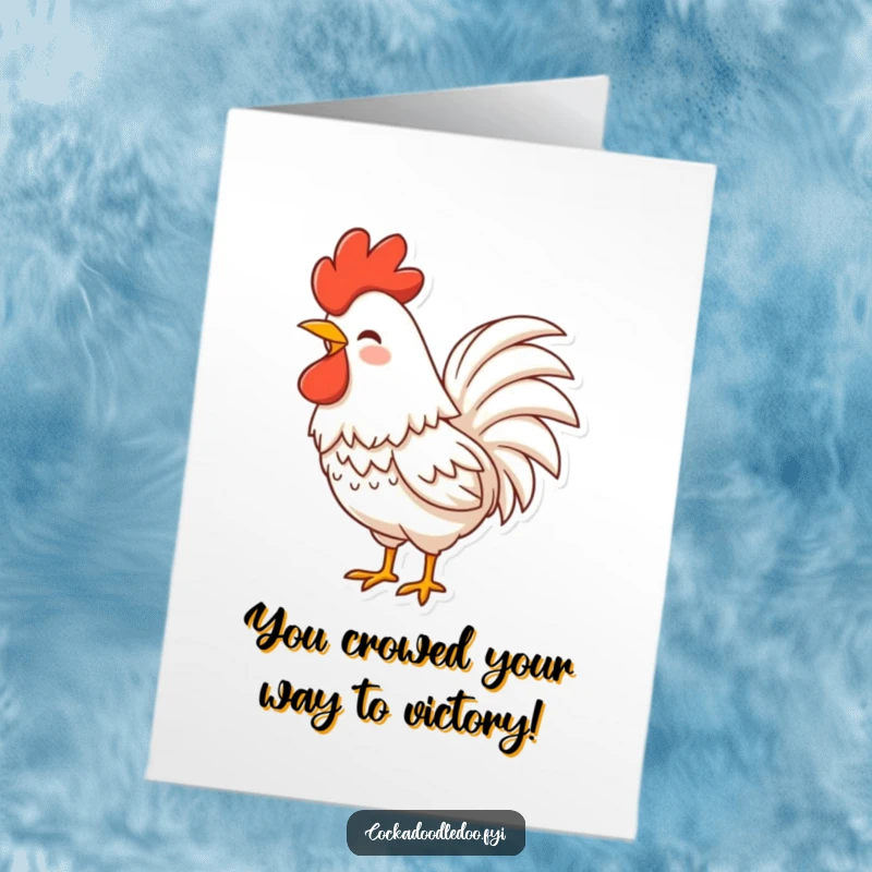 Funny free printable congratulations card featuring a rooster character with fluffy tail feathers shaking vigorously with laughter.