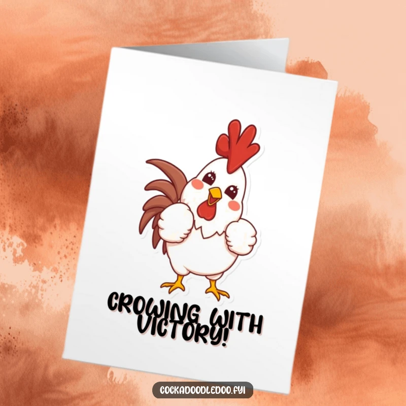 Funny Free Printable Congrats Card: Proud rooster puffs chest, crowing victoriously with a wide, celebratory smile.