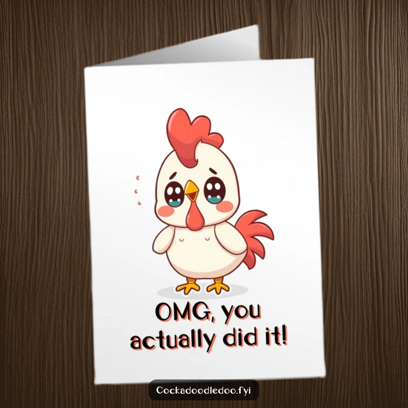 Funny Free Printable Congratulations Card: Surprised Kawaii rooster with eyes wide open, reacting to surprising and wonderful news.