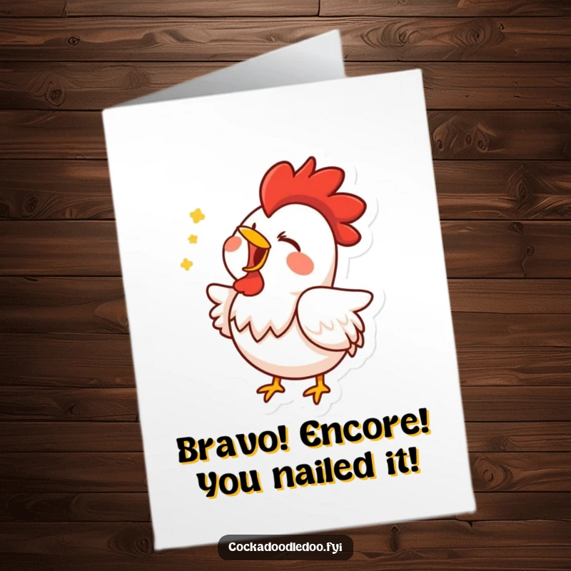 Funny Free Printable Congratulations Card: Happy rooster character singing with open beak, celebrating an achievement.