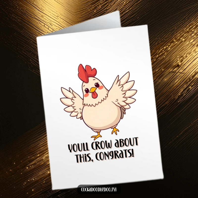 Funny Free Printable Congratulations Card: A cheerful, plump rooster stretches its wings wide in a gesture of victory.