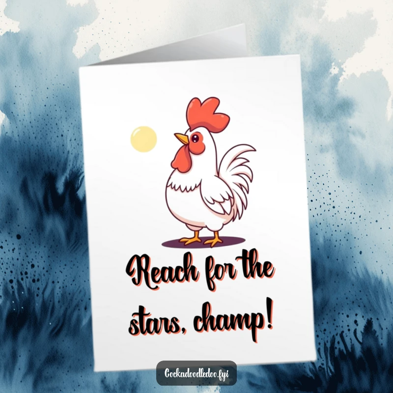 Funny Free Printable Congratulations Card: A rooster with its chest puffed out, determinedly crowing at a small, distant moon in the night sky.
