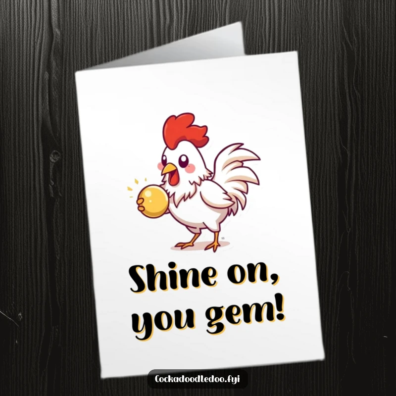 Funny Free Printable Congratulations Card: Energetic rooster energetically pecking at a shiny object, a symbol of focus.