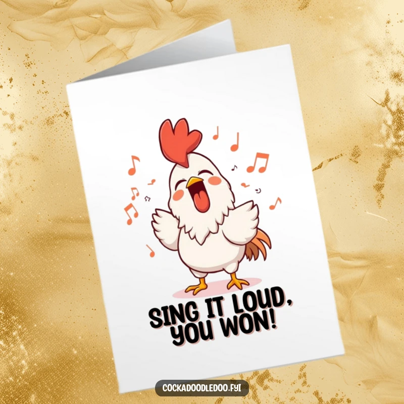 Free Printable Rooster Congratulations Card: A rooster sings joyfully, beaming, with musical notes celebrating a wonderful achievement.