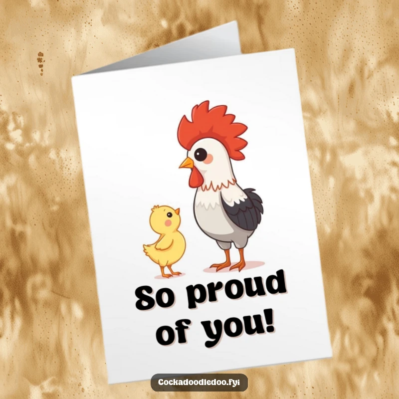 Funny Free Printable Congratulations Card showing a baby chick looking up with awe at a proud rooster, celebrating achievement.